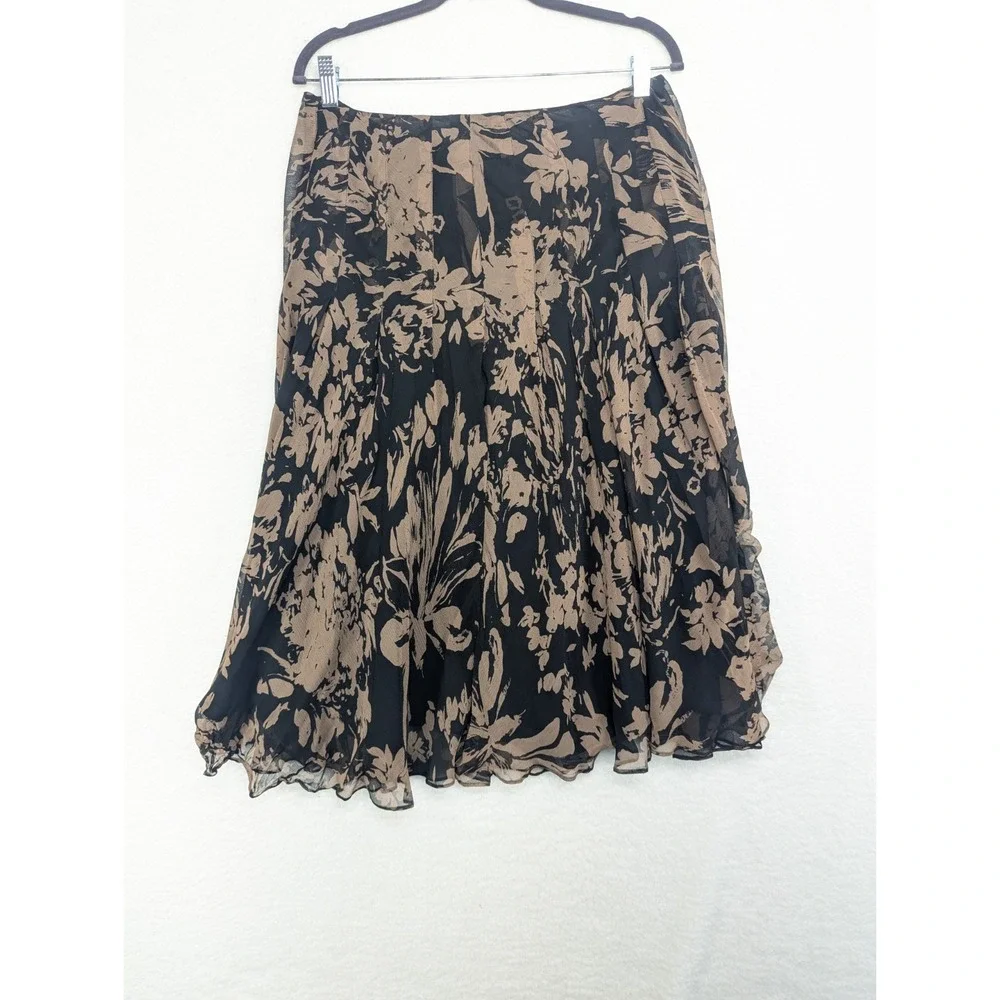 Women's Black And Brown 100%‎ Linen Floral Midi Skirt 10